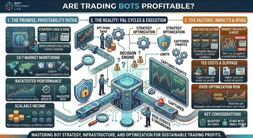 Are trading bots profitable infographic: the promise of profitability paths (strategy logic and edge, 24/7 market monitoring, backtested performance, scalable income), the reality of profit-and-loss cycles and execution from API order send through decision engine, strategy optimization and captured profits, and the factors, impacts and risks such as market volatility, fee costs and slippage, and over-optimization risk.