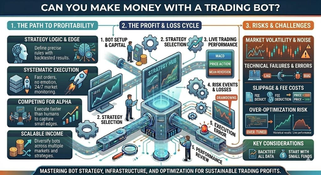 Can you make money with a trading bot infographic: the path to profitability (strategy logic and edge, systematic execution, competing for alpha, scalable income), the profit and loss cycle from bot setup and capital through strategy selection, live performance, risk events and execution, and risks and challenges such as market volatility, technical failures, slippage and fee costs, and over-optimization risk.