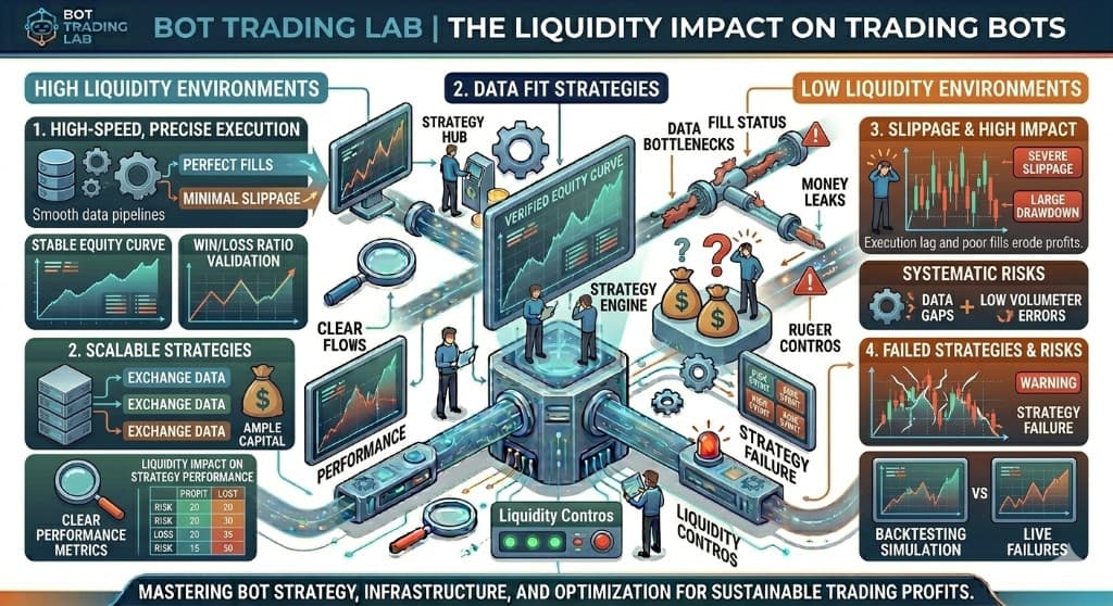 The liquidity impact on trading bots infographic: high liquidity environments give high-speed precise execution with perfect fills, minimal slippage, a stable equity curve and scalable strategies, while low liquidity environments cause slippage and high impact (severe slippage and large drawdown), systematic risks such as data gaps and low-volume errors, and failed strategies where backtesting diverges from live results.