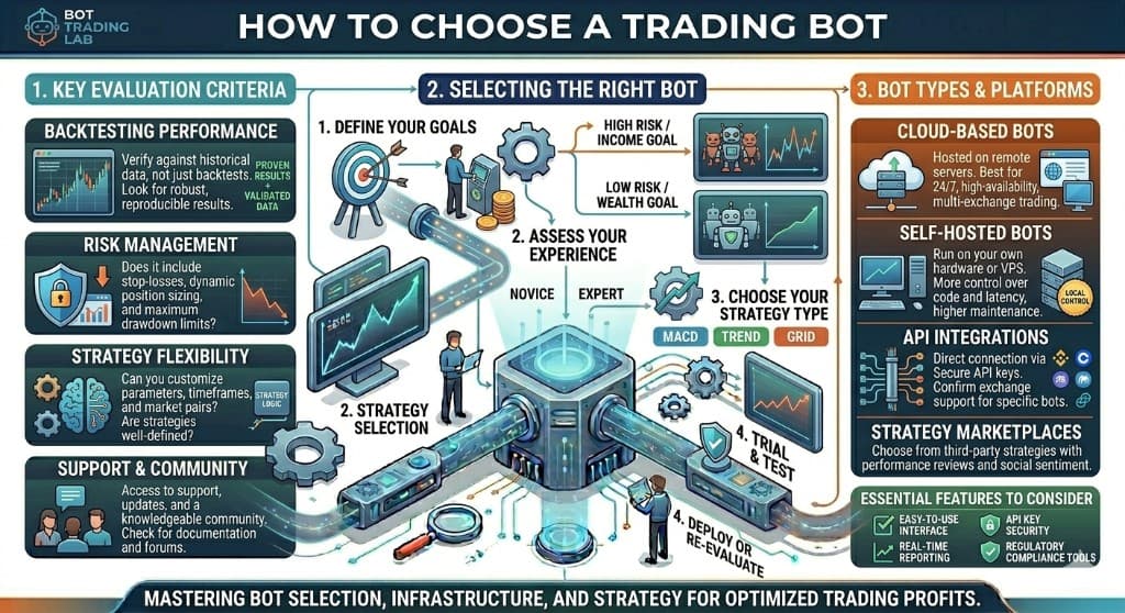 How to choose a trading bot infographic: key evaluation criteria (backtesting performance, risk management, strategy flexibility, support and community), selecting the right bot by defining goals, assessing experience and choosing a strategy type, trialing and re-evaluating, and bot types and platforms such as cloud-based bots, self-hosted bots, API integrations, and strategy marketplaces.