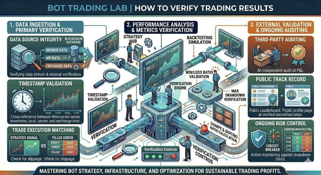 How to verify trading results infographic: data ingestion and primary verification (data source integrity from broker, API and exchange data, timestamp validation, trade execution matching), performance analysis and metrics verification (verified equity curve, win/loss ratio, max drawdown and Sharpe ratio), and external validation and ongoing auditing such as third-party auditing, a public track record, and ongoing risk control with circuit breakers.