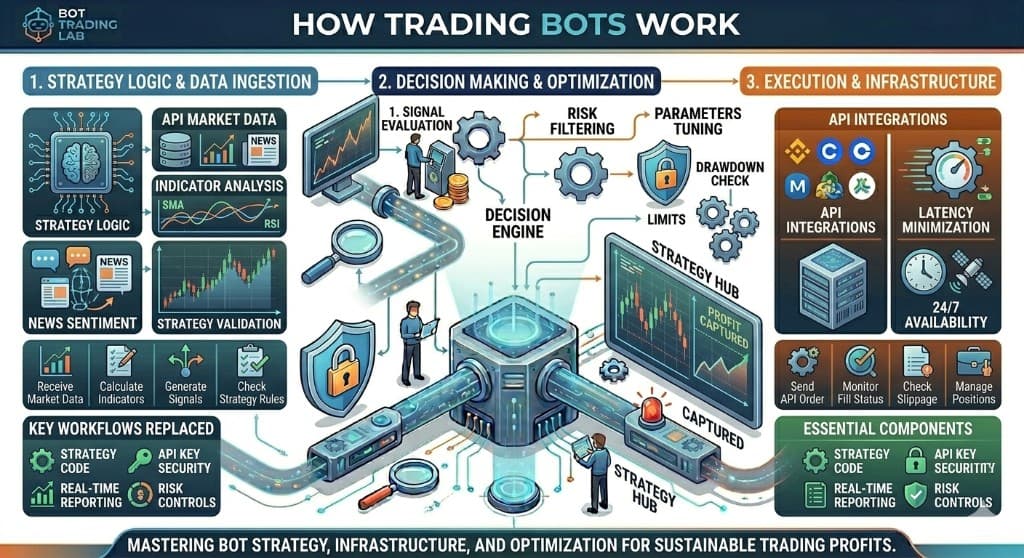 How trading bots work infographic: strategy logic and data ingestion (API market data, indicator analysis, news sentiment, strategy validation), decision making and optimization (signal evaluation, decision engine, risk filtering, drawdown checks, parameter tuning), and execution and infrastructure (API integrations, latency minimization, 24/7 availability, and monitoring of orders, fills and slippage).