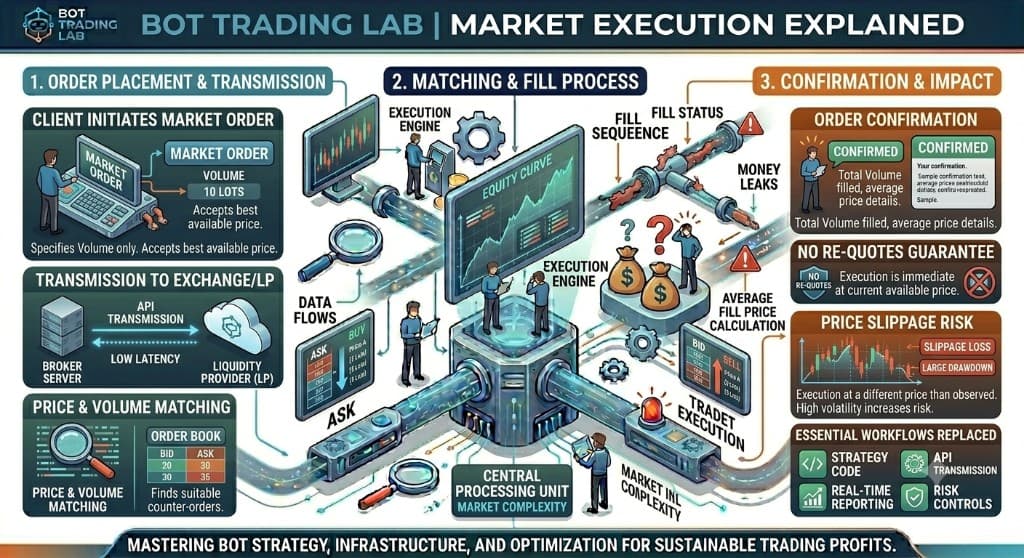 Market execution explained infographic: order placement and transmission (client initiates a market order, transmission to the exchange or liquidity provider, price and volume matching in the order book), the matching and fill process through the execution engine and average fill price calculation, and confirmation and impact such as order confirmation, a no-requotes guarantee, and price slippage risk during high volatility.