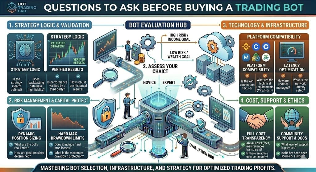 Questions to ask before buying a trading bot infographic: strategy logic and validation (is the strategy defined, is performance third-party verified, how robust are historical results), risk management and capital protection (dynamic position sizing, hard max drawdown limits), technology and infrastructure (platform compatibility, latency optimization), and cost, support and ethics (full cost transparency, community support and documentation).