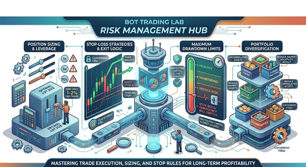 Risk Management Hub infographic showing position sizing and leverage, stop-loss strategies and exit logic, maximum drawdown limits, and portfolio diversification for long-term trading bot profitability.