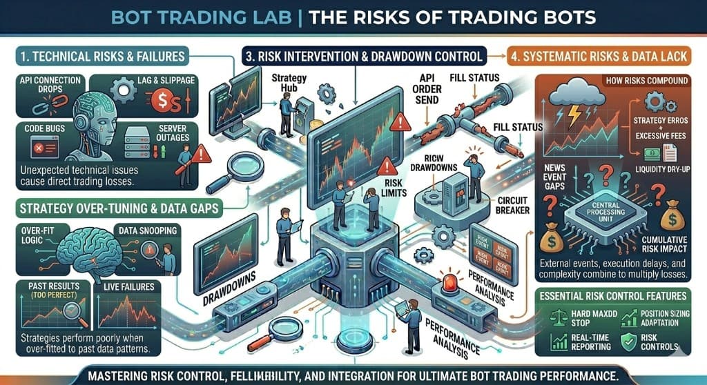 The risks of trading bots infographic: technical risks and failures (API connection drops, lag and slippage, code bugs, server outages), strategy over-tuning and data gaps (over-fit logic and data snooping that performs poorly live), risk intervention and drawdown control with circuit breakers and performance analysis, and systematic risks and data lack such as news event gaps, liquidity dry-up, and how external events and complexity compound risk.