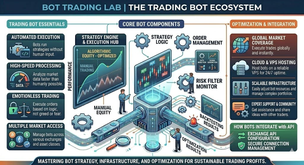 The trading bot ecosystem infographic: trading bot essentials (automated execution, high-speed processing, emotionless trading, multiple market access), core bot components such as the strategy engine, strategy logic, order management, risk filter monitor and backtesting, and optimization and integration including global market coverage, cloud and VPS hosting, scalable infrastructure, and secure exchange API connection management.
