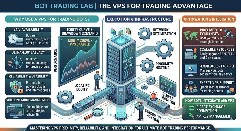 The VPS for trading advantage infographic: why use a VPS for trading bots (24/7 availability, ultra-low latency, reliability and stability, multi-instance management), execution and infrastructure with equity curve comparison and proximity hosting, and optimization and integration such as proximity to exchanges, scalable resources, remote access, expert support, direct exchange connection, and API key management.