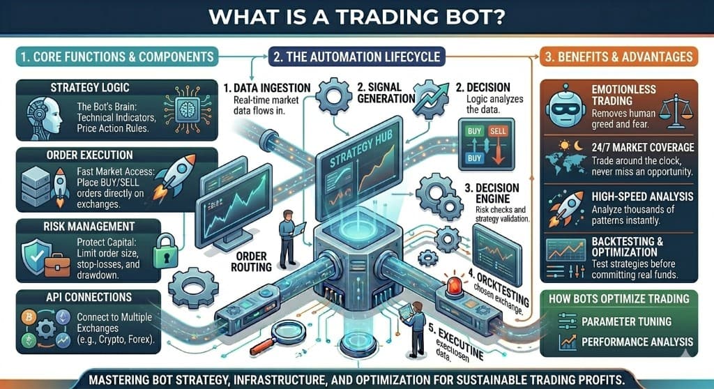 What is a trading bot infographic: core functions and components (strategy logic, order execution, risk management, API connections), the automation lifecycle from data ingestion to signal generation, decision engine, backtesting and execution, and benefits such as emotionless trading, 24/7 market coverage, high-speed analysis, and backtesting and optimization.