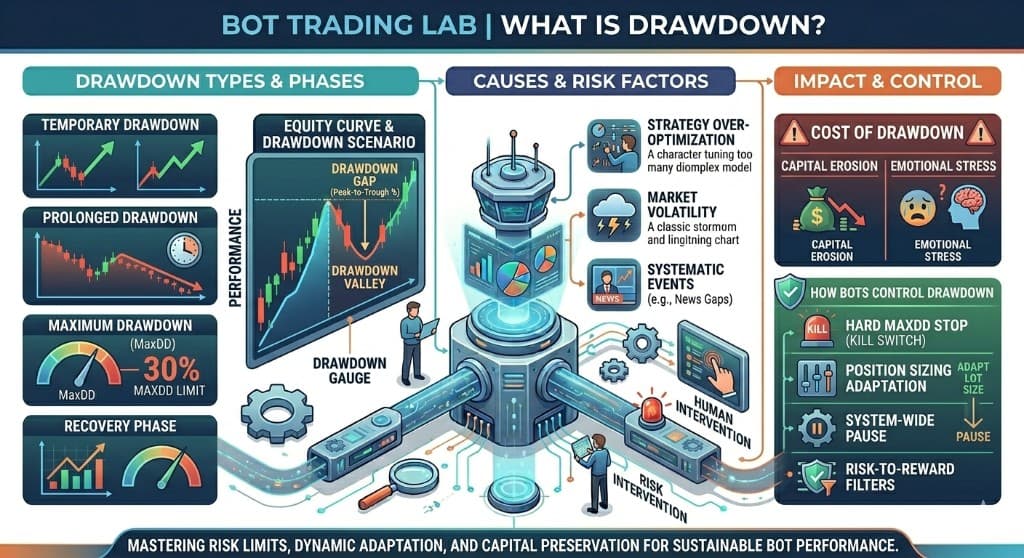What is drawdown infographic: drawdown types and phases (temporary, prolonged, maximum drawdown, recovery phase), the equity curve and drawdown valley, causes and risk factors such as over-optimization, market volatility and systematic events, and how bots control drawdown with a hard max-drawdown stop, position sizing adaptation, system-wide pause, and risk-to-reward filters.