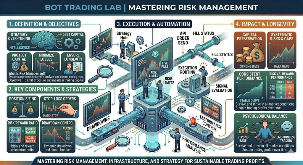 Mastering risk management infographic: definition and objectives (protect capital, minimize losses, ensure longevity), key components and strategies (position sizing, stop-loss orders, risk/reward ratio, drawdown control), execution and automation with risk limits and signal evaluation, and impact and longevity such as capital preservation, consistent performance, risk-versus-reward balance, and psychological discipline.