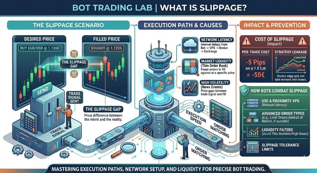What is slippage infographic: the slippage gap between desired and filled price, execution path and causes (network latency, market liquidity, high volatility), the cost of slippage, and how trading bots combat it with a proximity VPS, advanced order types, and liquidity filters.