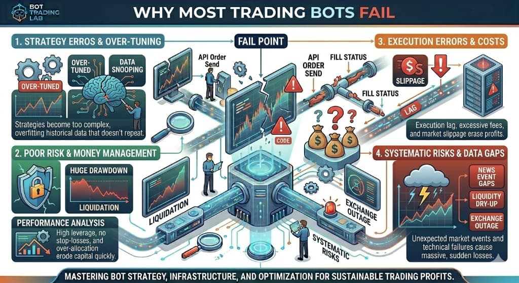 Why most trading bots fail infographic: strategy errors and over-tuning (over-fitting and data snooping on historical data that doesn't repeat), poor risk and money management (huge drawdowns and liquidation from high leverage and missing stop-losses), execution errors and costs (slippage, execution lag and excessive fees), and systematic risks and data gaps (news event gaps, liquidity dry-up, and exchange outages).